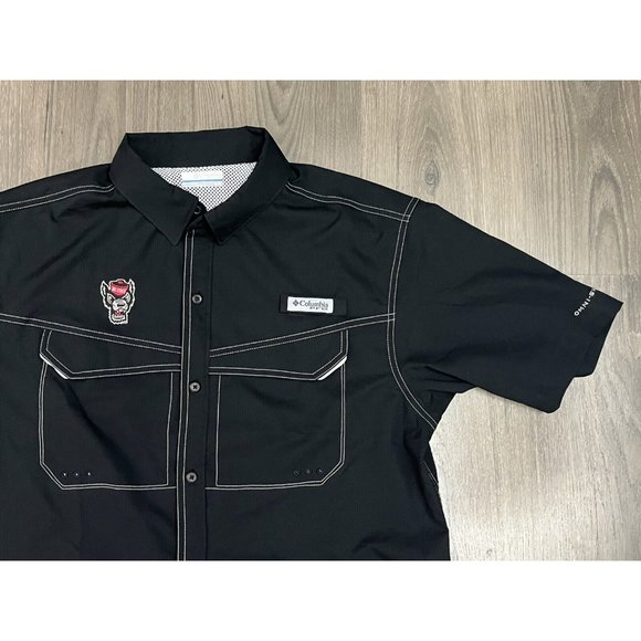 Columbia PFG Shirt Medium Black Button-Down Short Sleeve Vented NC State Logo - Picture 3 of 11